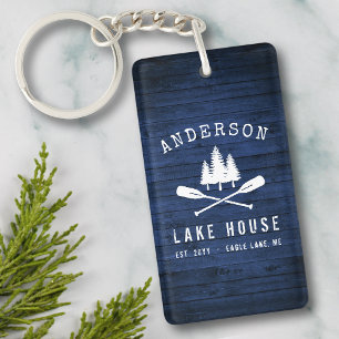 Rustic Lake House Boat Oars Tree Blue Wood 2 Sided キーホルダー