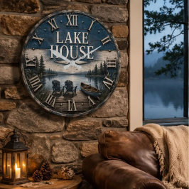 Rustic Lake House Vintage Cabin Canoe Lake ラージ壁時計
