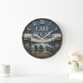 Rustic Lake House Vintage Cabin Canoe Lake ラージ壁時計 (ホーム)