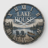 Rustic Lake House Vintage Cabin Canoe Lake ラージ壁時計 (正面)