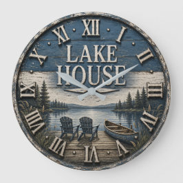 Rustic Lake House Vintage Cabin Canoe Lake ラージ壁時計
