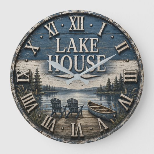 Rustic Lake House Vintage Cabin Canoe Lake ラージ壁時計 (正面)