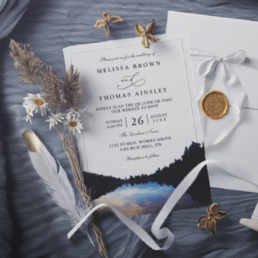 Rustic Lake Reflections Lakeside QR Code Wedding 招待状