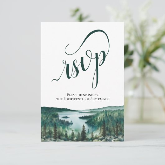 Rustic Lake Tahoe Elegant Script Wedding 出欠カード (スタンド正面)