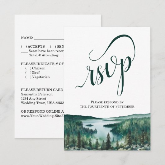 Rustic Lake Tahoe Elegant Script Wedding 出欠カード (正面/裏面)