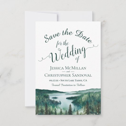 Rustic Lake Tahoe Watercolor Destination Wedding セーブザデート (正面)