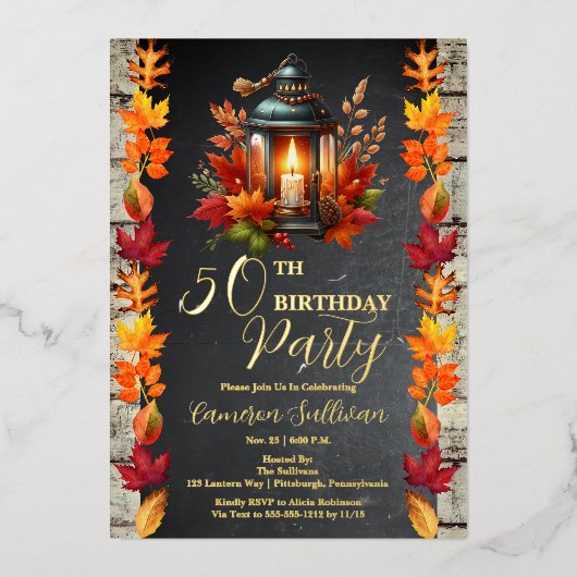 Rustic Lantern and Leaves Fall 50th Birthday Party 箔招待状 (正面)