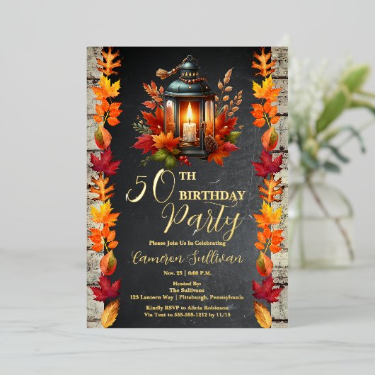 Rustic Lantern and Leaves Fall 50th Birthday Party 箔招待状 (立ち正面)