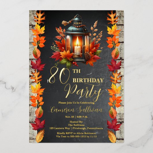 Rustic Lantern and Leaves Fall 80th Birthday Party 箔招待状 (正面)