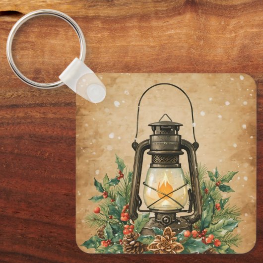 Rustic lantern holly pine festive winter christmas キーホルダー (正面)