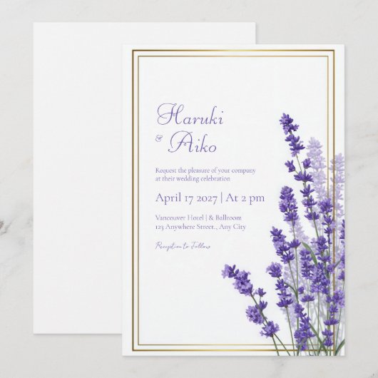 Rustic Lavender Double Line Frame Border Wedding 招待状 (正面/裏面)
