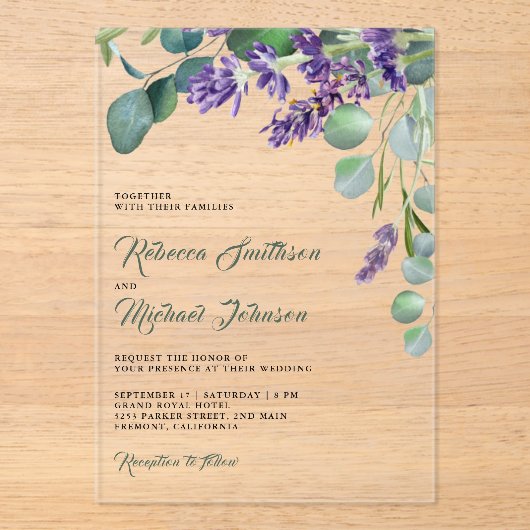 Rustic Lavender Eucalyptus Wedding アクリル招待状 (正面)