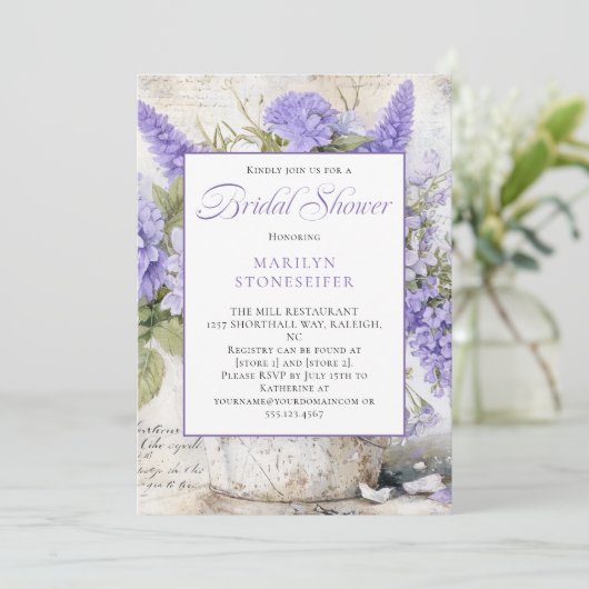 Rustic Lavender Flowers Tin Bucket Bridal Shower | 招待状 (スタンド正面)