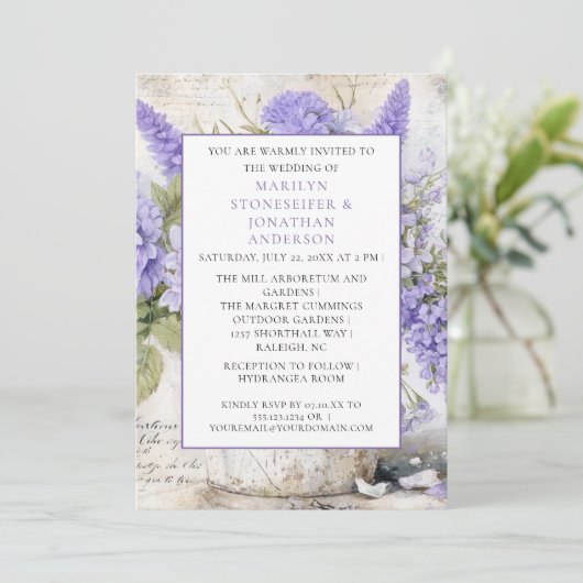 Rustic Lavender Flowers Tin Bucket Wedding | 招待状 (スタンド正面)