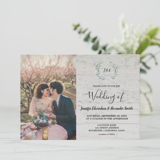 Rustic leaves on barn wood monogram photo Wedding 招待状 (スタンド正面)