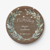 Rustic leaves on wood string lights wedding ペーパープレート (正面)