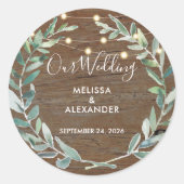 Rustic leaves on wood string lights wedding ラウンドシール (正面)