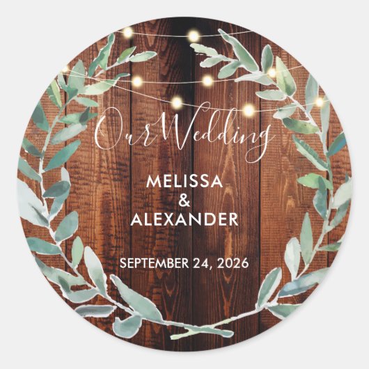 Rustic leaves on wood string lights wedding ラウンドシール (正面)
