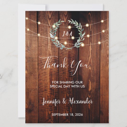 Rustic leaves string lights Thank you wedding card (正面)