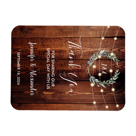 Rustic leaves wood string lights Thank you wedding マグネット (横)