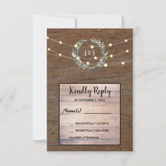 Rustic leaves wood string lights Wedding RSVP  招待状 (正面)