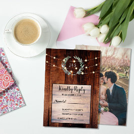 Rustic leaves wood string lights Wedding RSVP  招待状
