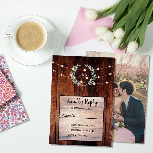 Rustic leaves wood string lights Wedding RSVP  招待状