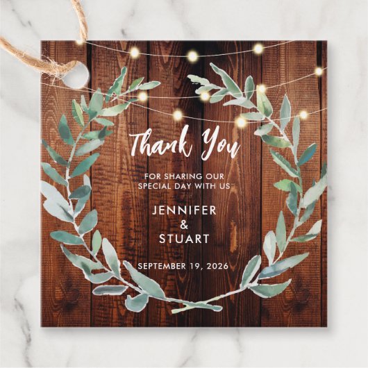 Rustic leaves wood string lights Wedding Thank You フェイバータグ (正面)