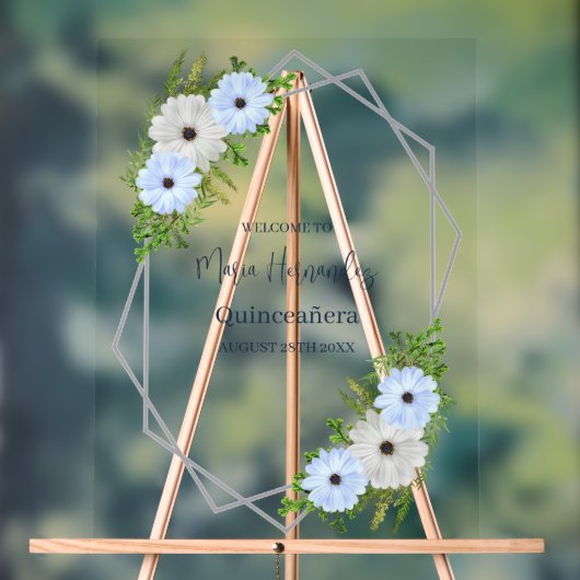 Rustic Light Blue and White Floral Quinceañera  アクリルサイン (ニュートラル)