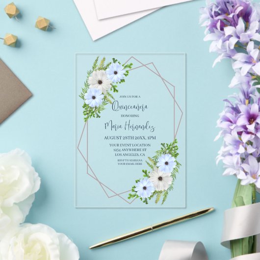 Rustic Light Blue and White Floral Quinceañera  アクリル招待状 (インサイチュ (ウェディング))