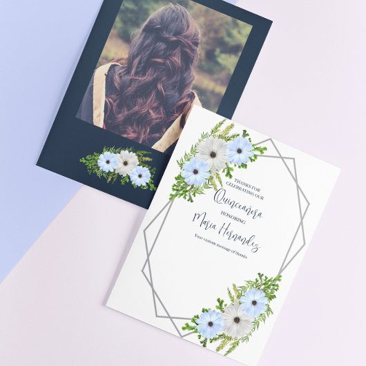 Rustic Light Blue and White Floral Quinceañera  サンキューカード