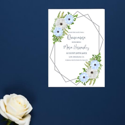 Rustic Light Blue and White Floral Quinceañera  セーブザデート