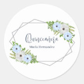 Rustic Light Blue and White Floral Quinceañera  ラウンドシール (正面)