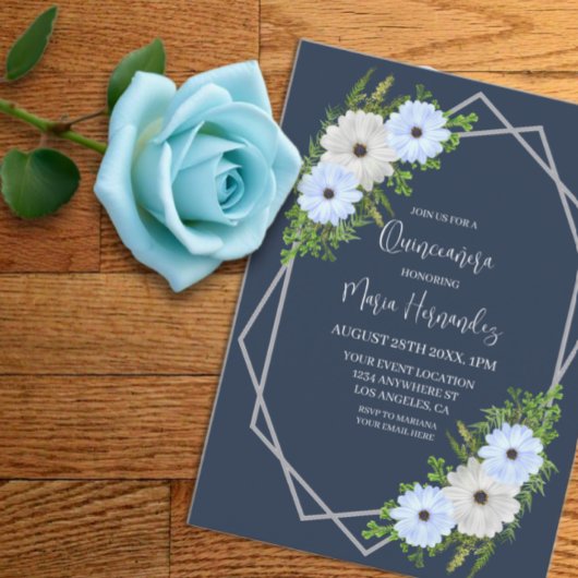 Rustic Light Blue and White Floral Quinceañera  招待状
