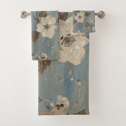 Rustic Light Blue Cocoa Brown Floral Print バスタオルセット (インサイチュ)
