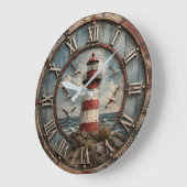 Rustic Lighthouse Coastal Nautical Beach House  ラージ壁時計 (傾斜)