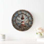 Rustic Lighthouse Coastal Nautical Beach House  ラージ壁時計 (ホーム)