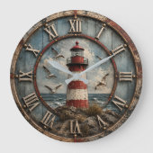 Rustic Lighthouse Coastal Nautical Beach House ラージ壁時計 (正面)