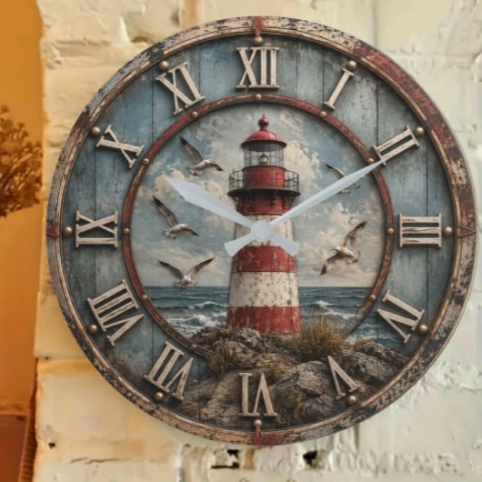 Rustic Lighthouse Coastal Nautical Beach House ラージ壁時計
