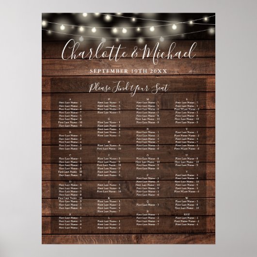 Rustic Lights Alphabetical Wedding Seating Chart ポスター (正面)
