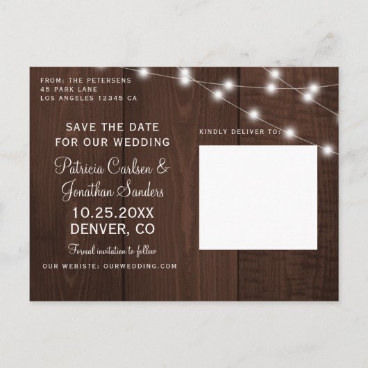 Rustic lights country barn wedding save the date 案内ポストカード (裏面)