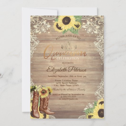 Rustic Lights,Lace,Boots Sunflowers Quinceañera 招待状 (正面)