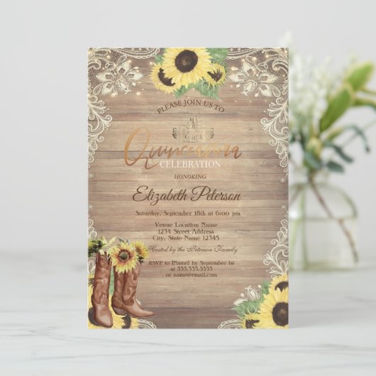 Rustic Lights,Lace,Boots Sunflowers Quinceañera 招待状 (スタンド正面)