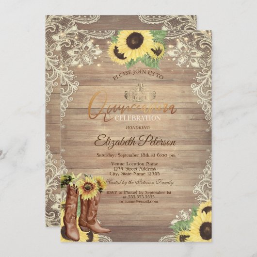 Rustic Lights,Lace,Boots Sunflowers Quinceañera 招待状 (正面/裏面)