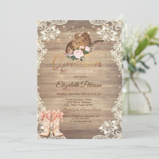 Rustic Lights Lace Cowboy Hat Boots Quinceañera  招待状 (スタンド正面)