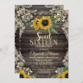 Rustic Lights,Lace Sunflowers Dark Wood Sweet 16  招待状 (正面/裏面)