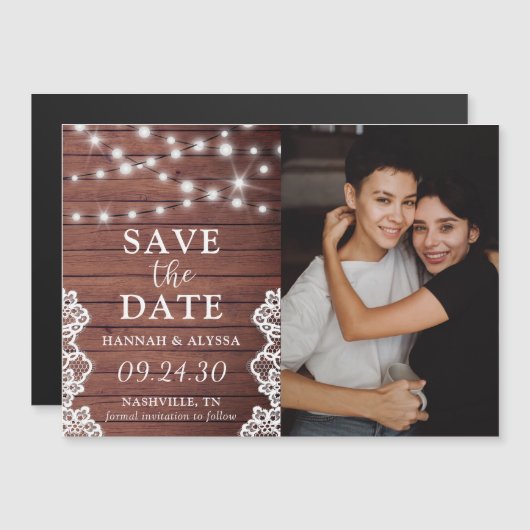 Rustic Lights LGBTQ Photo Save the Date Card マグネット招待状 (正面/裏面)