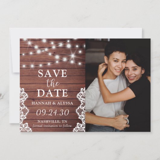 Rustic Lights Photo LGBTQ Save The Date Card セーブザデート (正面)