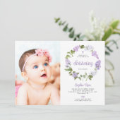 Rustic Lilac Flowers Photo Girl Christening 招待状 (スタンド正面)