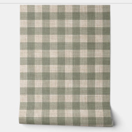 Rustic Linen Buffalo Check Beige and Green Plaid 壁紙